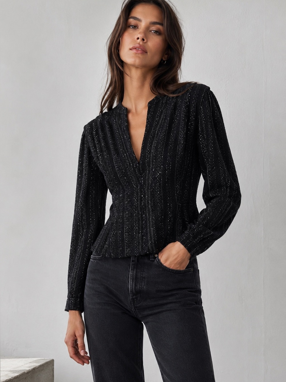 IRO Pin Tucked Metallic Textured Knit Top